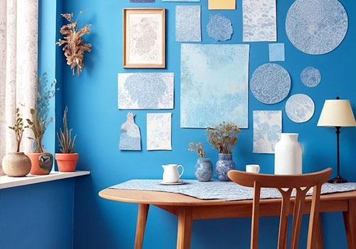 A blue workspace with a warm color combination corner