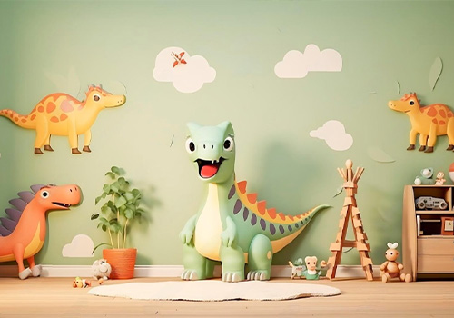 Children's room with green color and dinosaur decoration