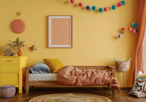 The wall of the child's room is yellow