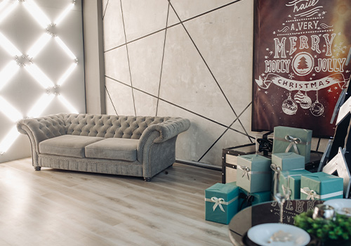 The interior of the house is decorated with wall paper